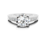White gold Round Cut Moissanite Ring with Milgrain Pavé Band and Four-Prong Setting_12