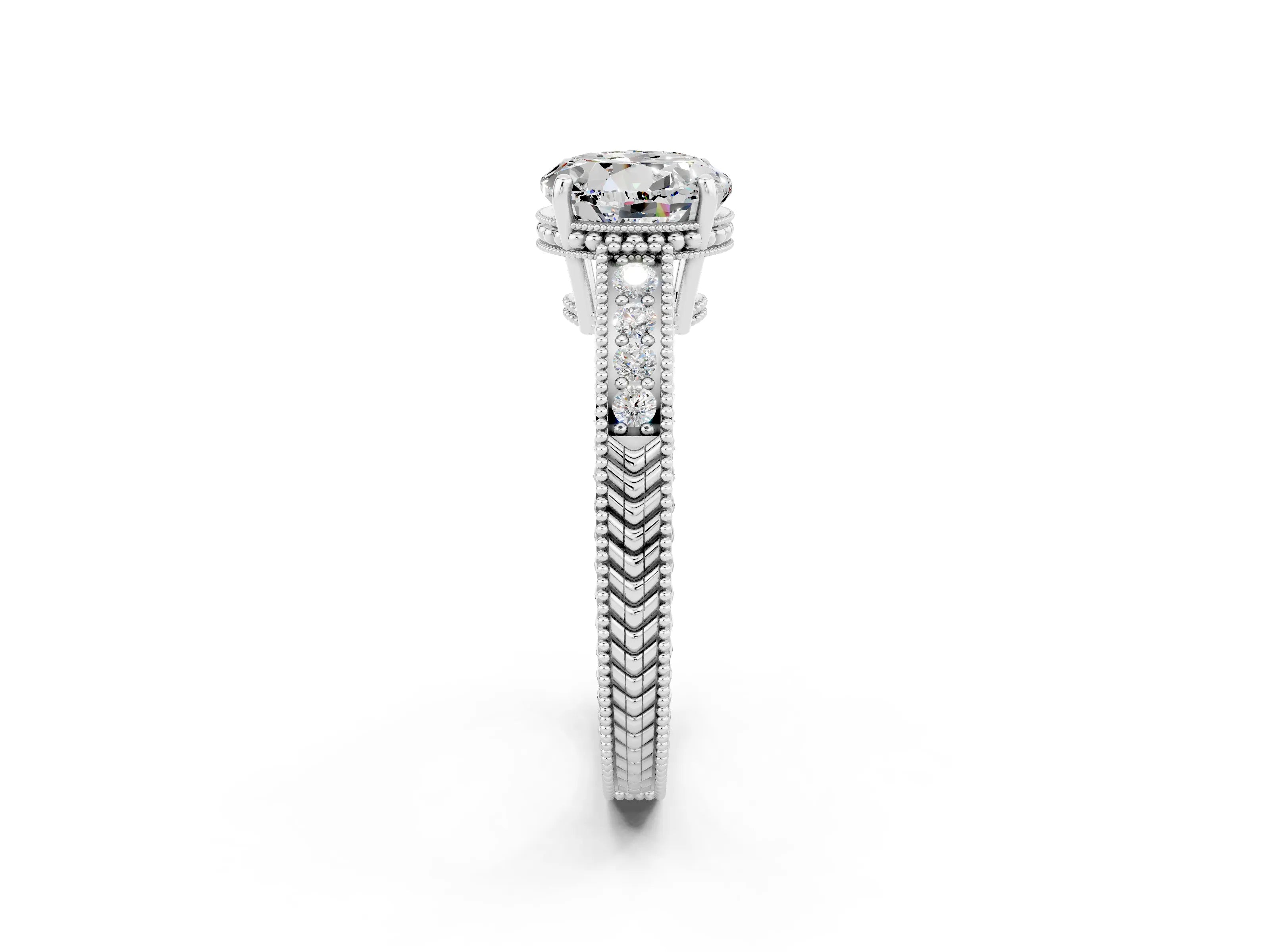 White gold Round Cut Moissanite Ring with Milgrain Pavé Band and Four-Prong Setting_14