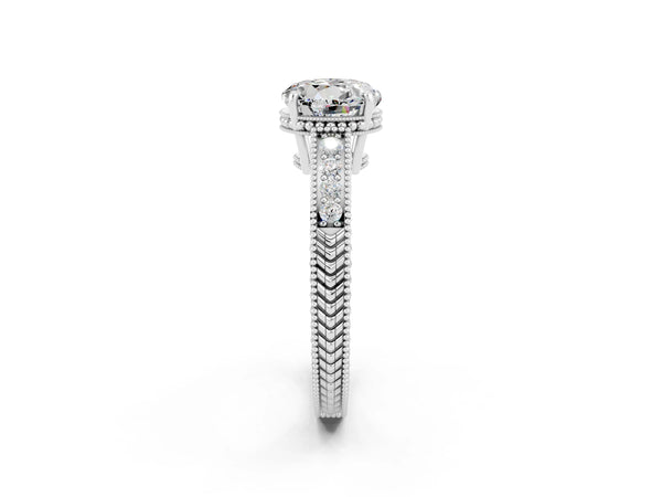 Silver Round Cut Moissanite Ring with Milgrain Pavé Band and Four-Prong Setting