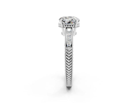 White gold Round Cut Moissanite Ring with Milgrain Pavé Band and Four-Prong Setting_14