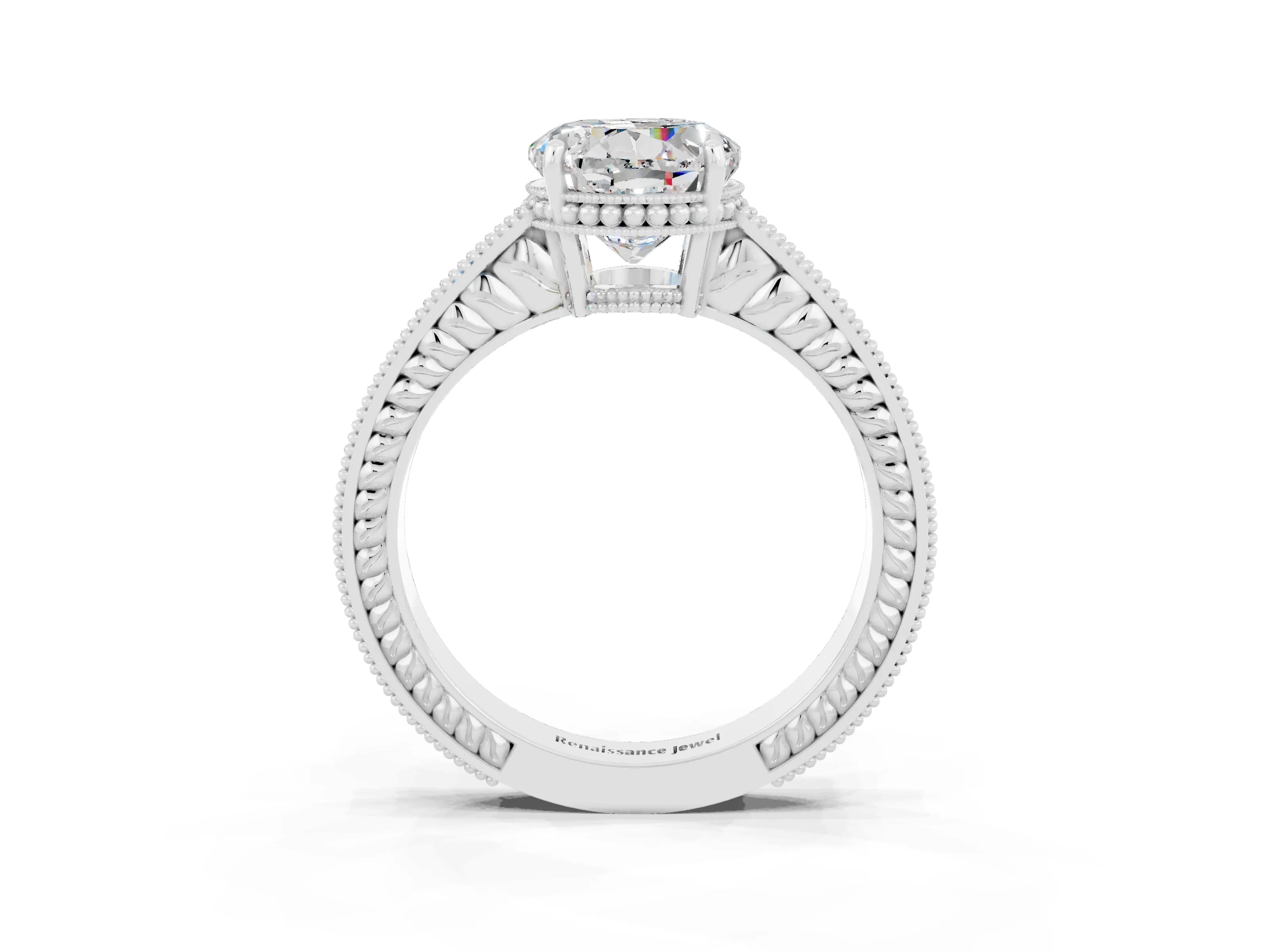 White gold Round Cut Moissanite Ring with Milgrain Pavé Band and Four-Prong Setting_15