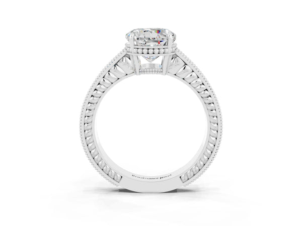 Silver Round Cut Moissanite Ring with Milgrain Pavé Band and Four-Prong Setting