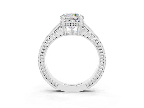 White gold Round Cut Moissanite Ring with Milgrain Pavé Band and Four-Prong Setting_15
