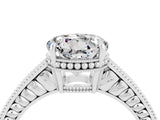 White gold Round Cut Moissanite Ring with Milgrain Pavé Band and Four-Prong Setting_16