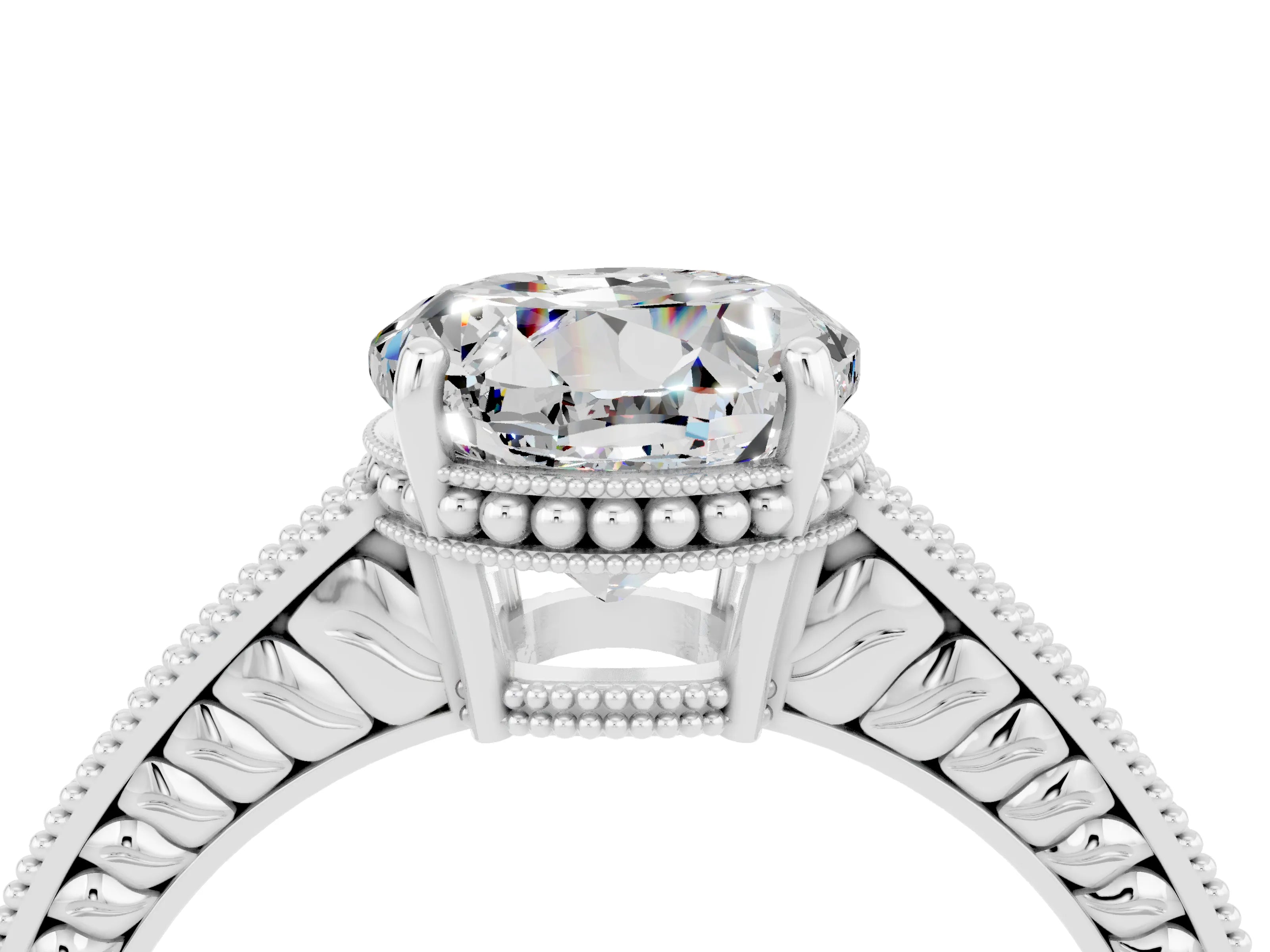 White gold Round Cut Moissanite Ring with Milgrain Pavé Band and Four-Prong Setting_16