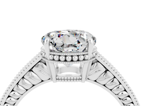White gold Round Cut Moissanite Ring with Milgrain Pavé Band and Four-Prong Setting_16