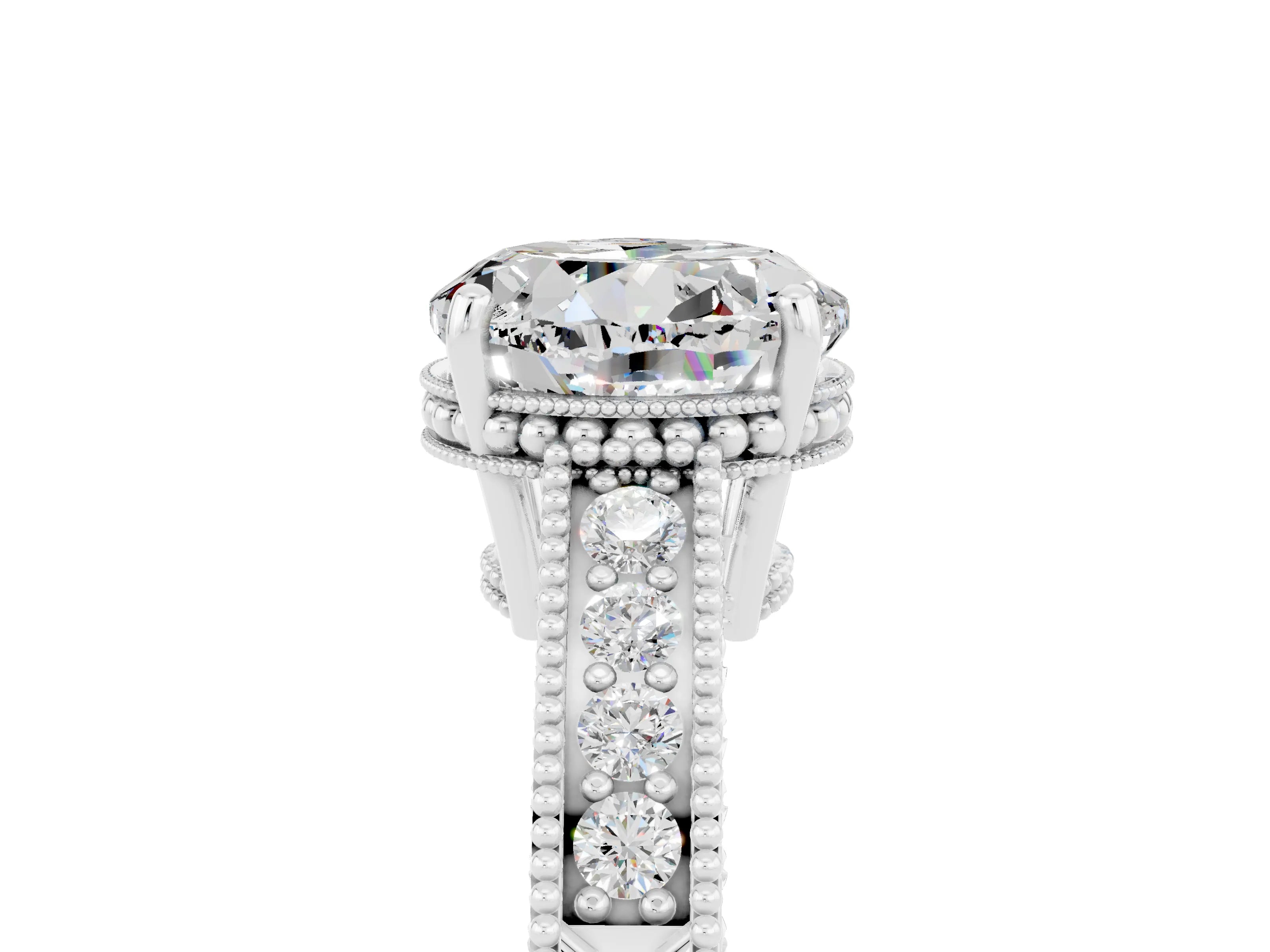 White gold Round Cut Moissanite Ring with Milgrain Pavé Band and Four-Prong Setting_17