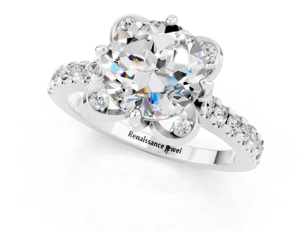 Platinum Round Cut Moissanite Ring with Pavé Band and Floral Prong Setting