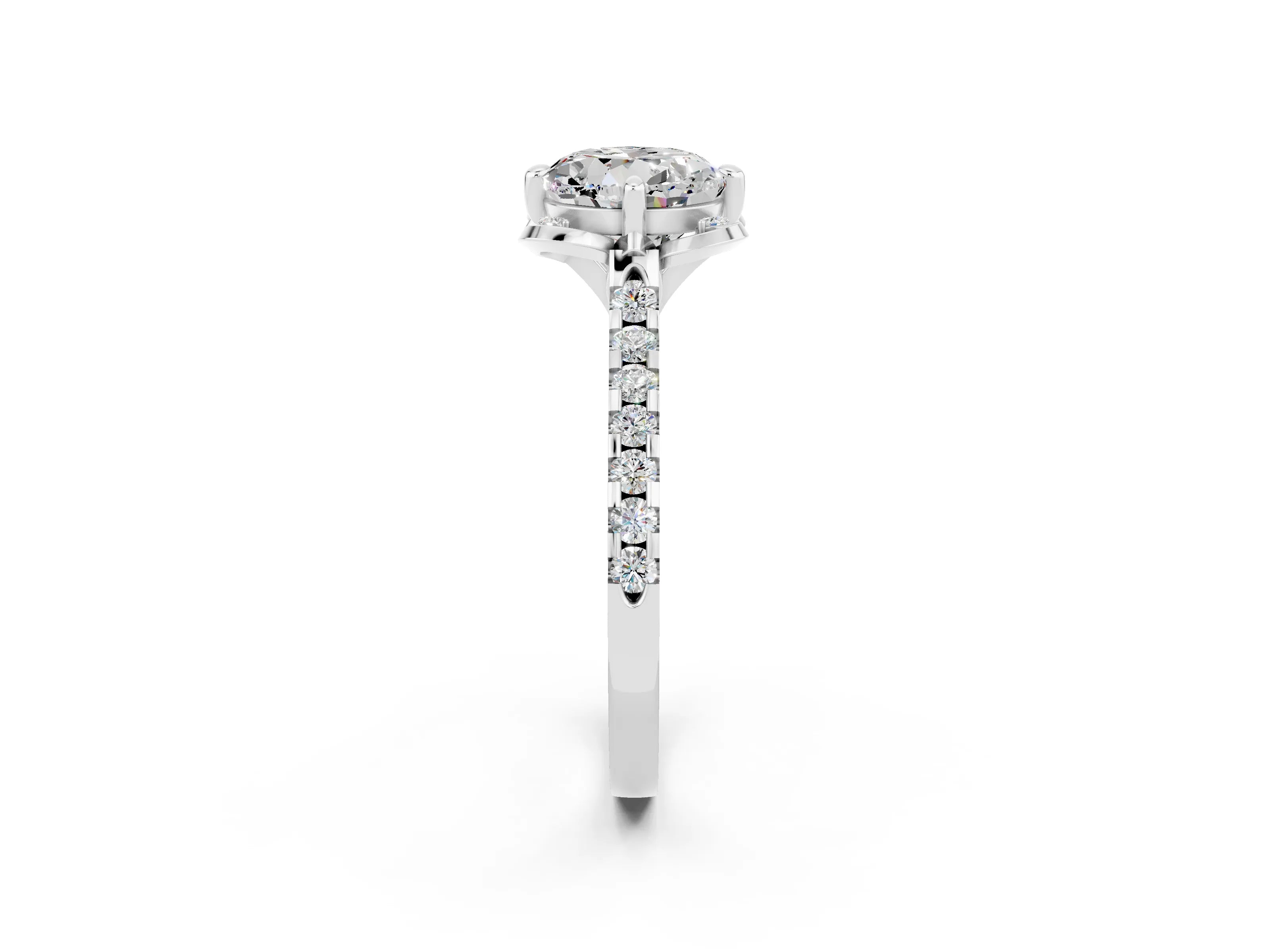 White gold Round Cut Moissanite Ring with Pavé Band and Floral Prong Setting_2