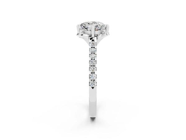 Silver Round Cut Moissanite Ring with Pavé Band and Floral Prong Setting