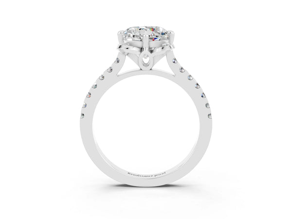 White gold Round Cut Moissanite Ring with Pavé Band and Floral Prong Setting