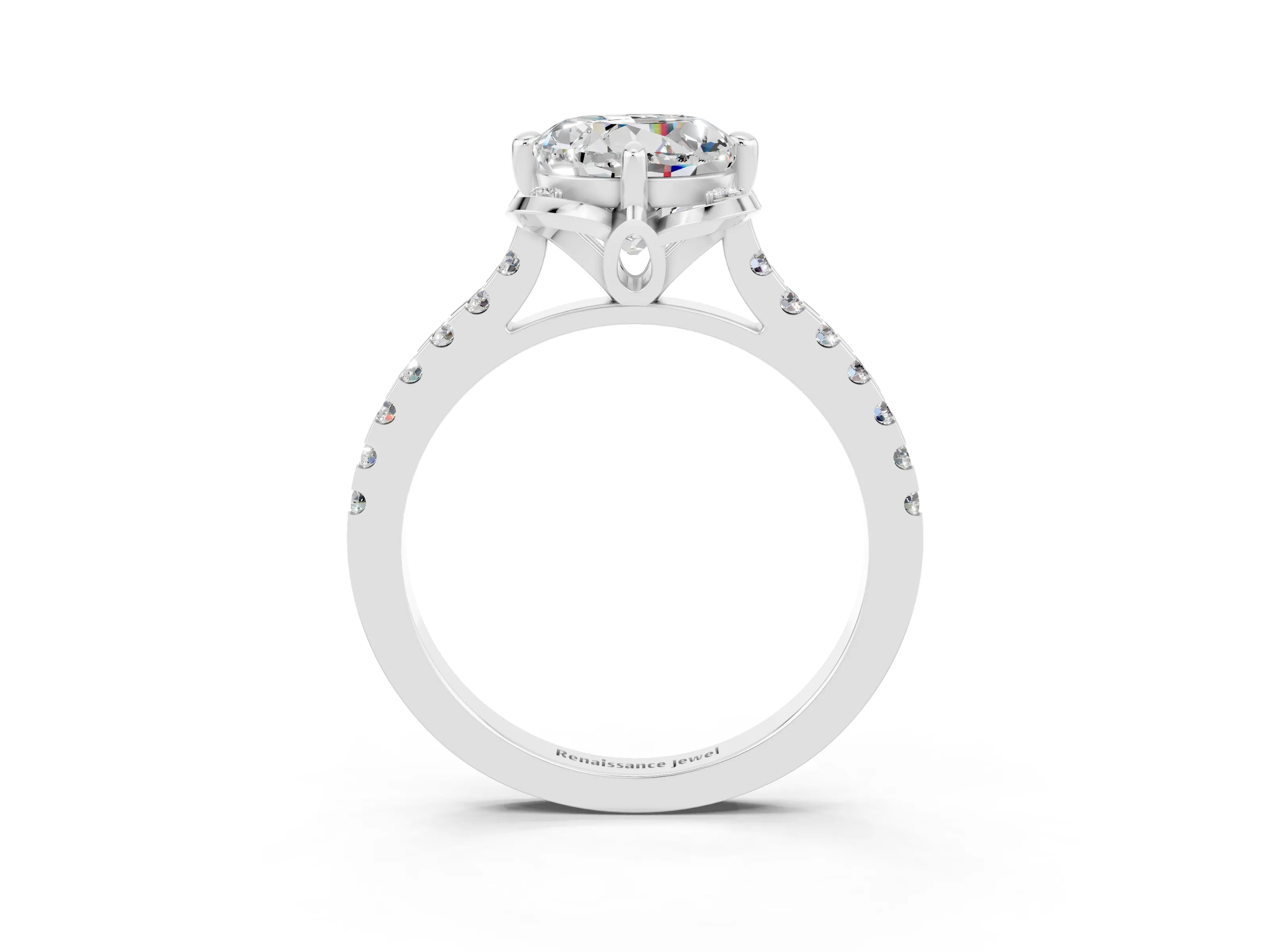 White gold Round Cut Moissanite Ring with Pavé Band and Floral Prong Setting_3
