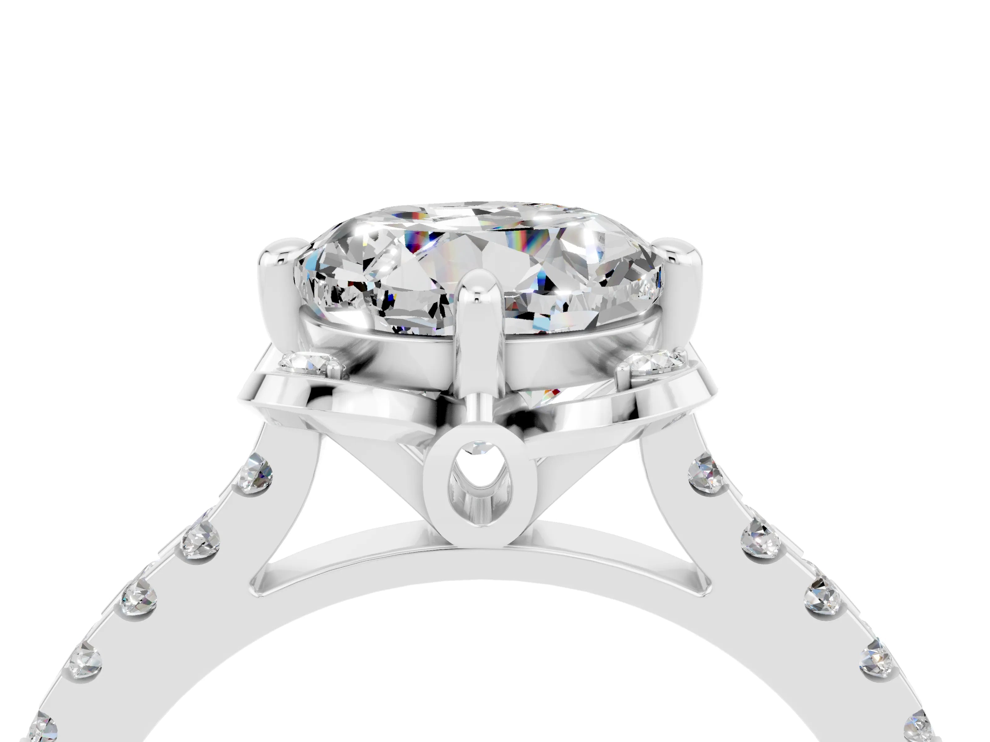 White gold Round Cut Moissanite Ring with Pavé Band and Floral Prong Setting_4