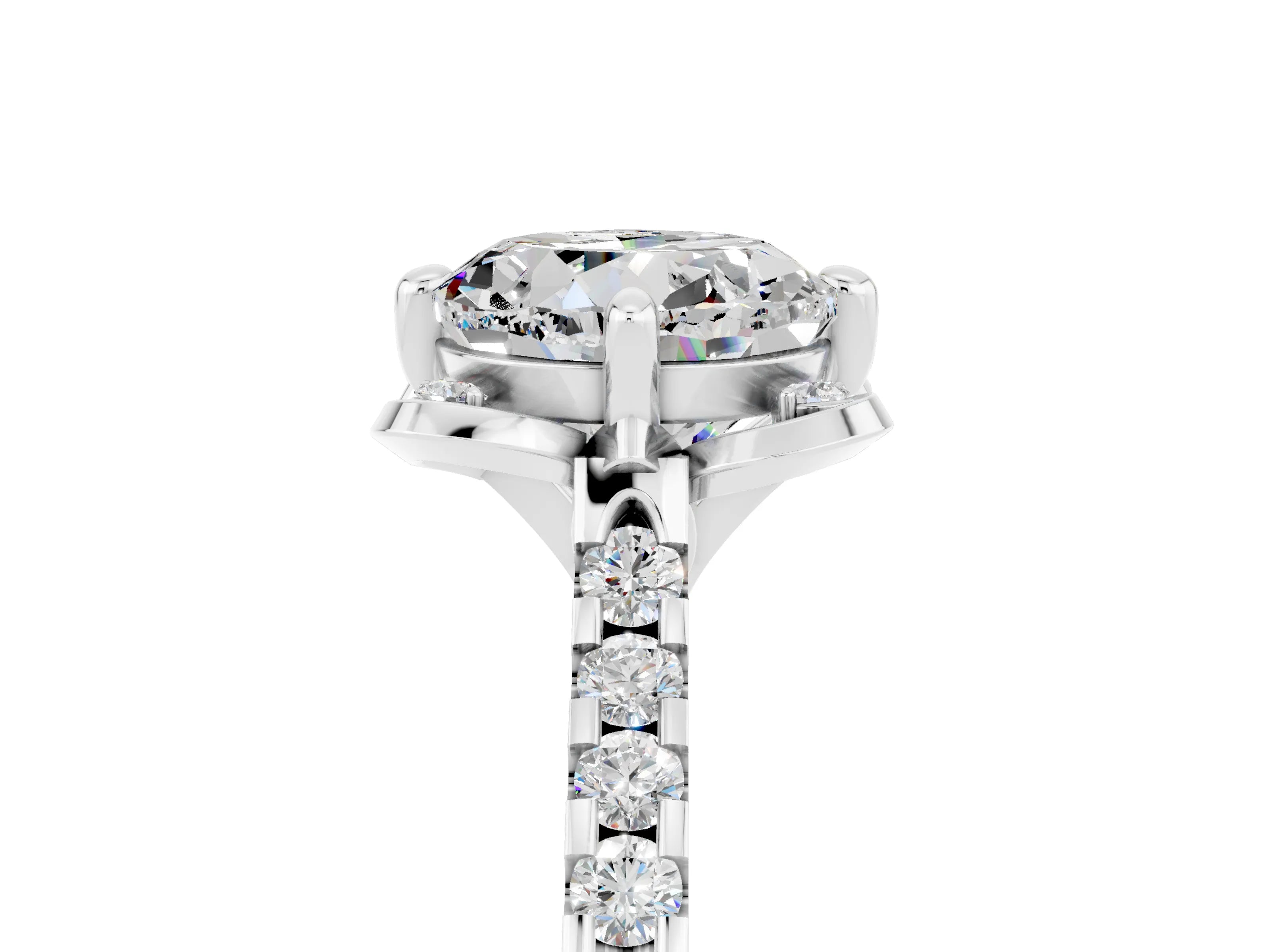 White gold Round Cut Moissanite Ring with Pavé Band and Floral Prong Setting_5