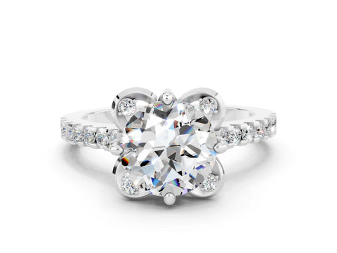 White gold Round Cut Moissanite Ring with Pavé Band and Floral Prong Setting