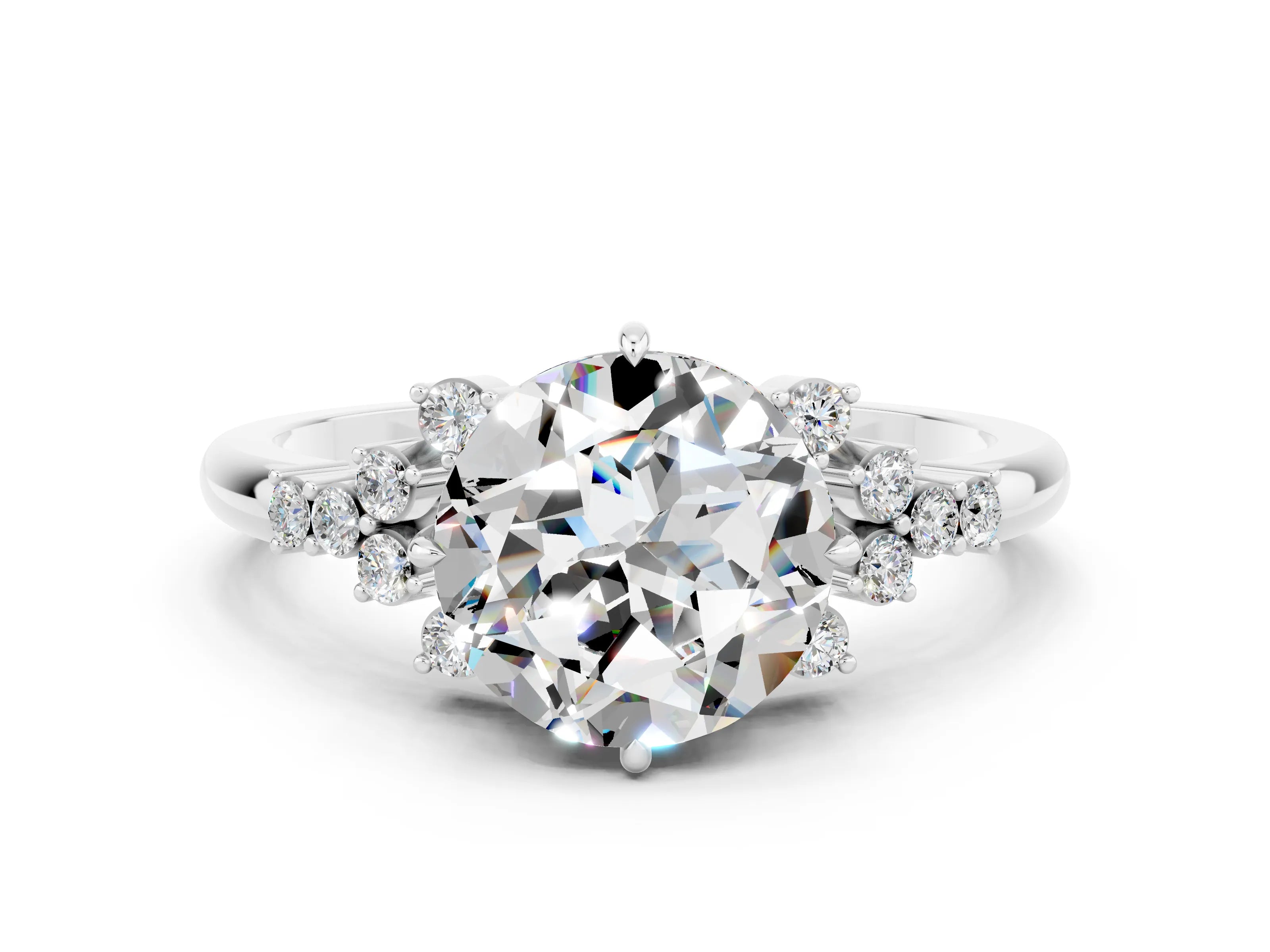 White gold Round Cut Moissanite Ring with Side Stones and Four-Prong Setting_36