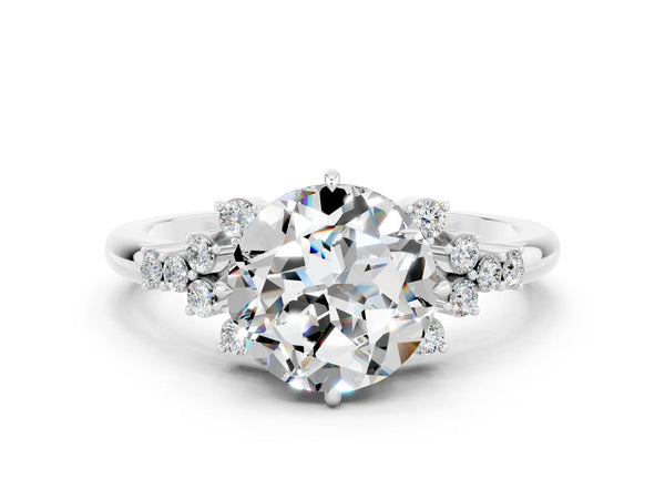 Silver Round Cut Moissanite Ring with Side Stones and Four-Prong Setting