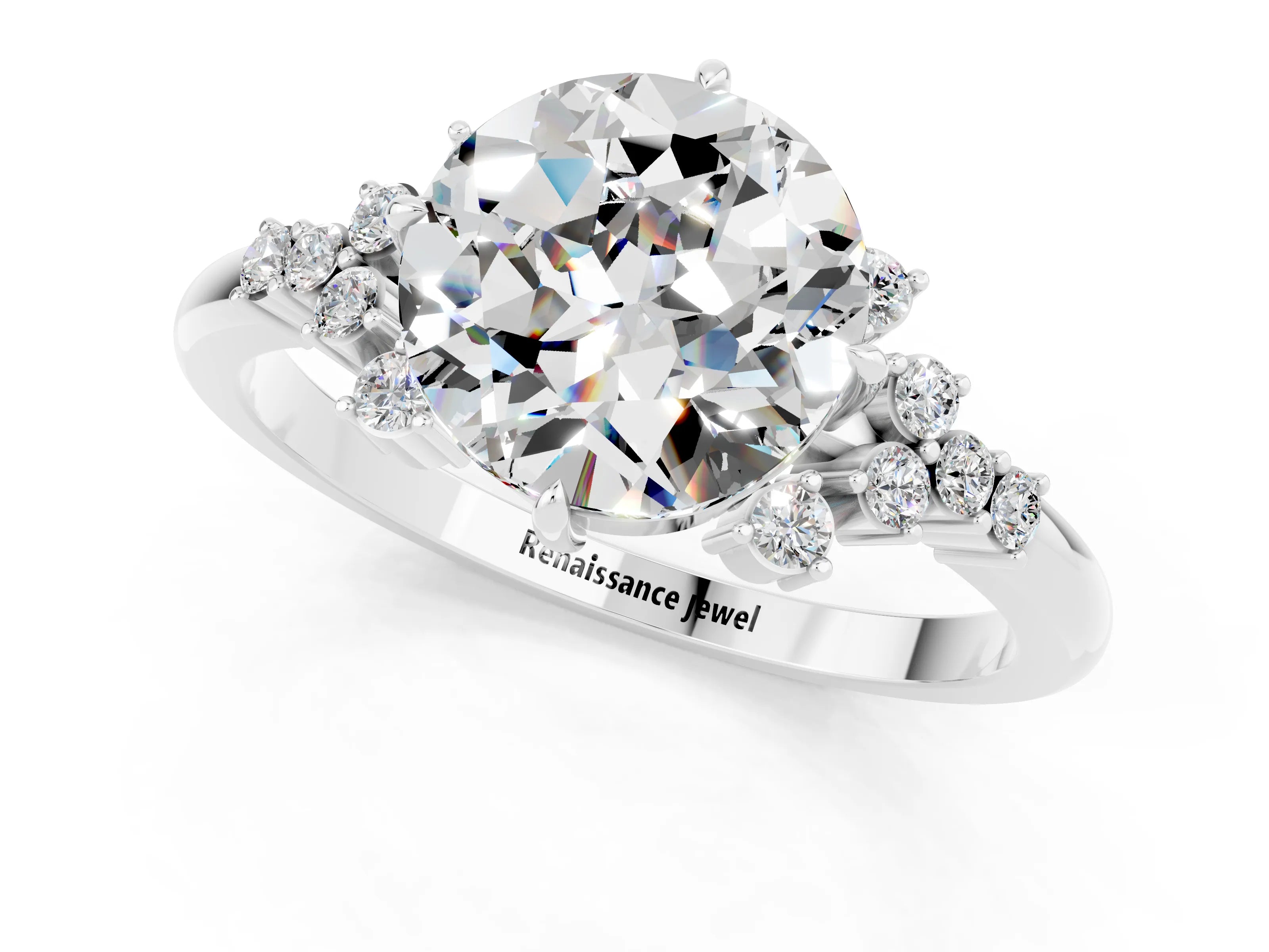 White gold Round Cut Moissanite Ring with Side Stones and Four-Prong Setting_37
