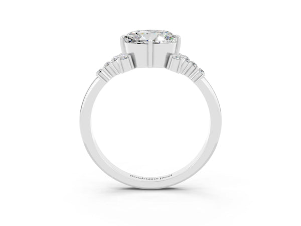 Silver Round Cut Moissanite Ring with Side Stones and Four-Prong Setting