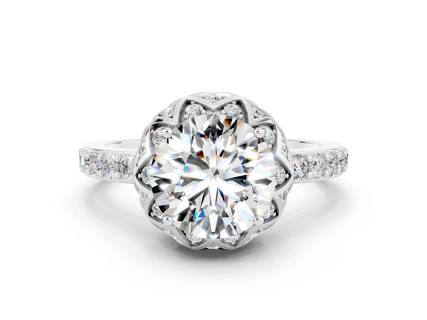 Platinum Round Cut Moissanite Scalloped Halo Engagement Ring with Round Shared Prong Band