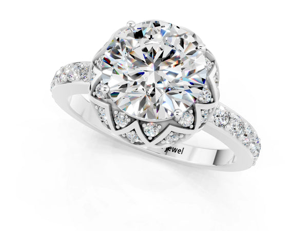 Platinum Round Cut Moissanite Scalloped Halo Engagement Ring with Round Shared Prong Band