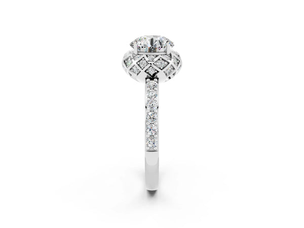 Silver Round Cut Moissanite Scalloped Halo Engagement Ring with Round Shared Prong Band