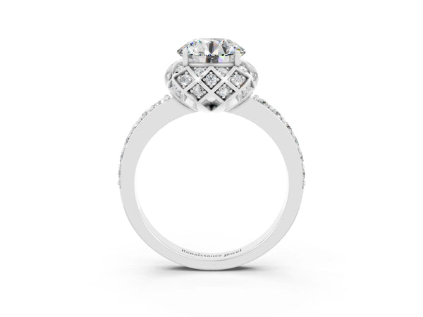 Platinum Round Cut Moissanite Scalloped Halo Engagement Ring with Round Shared Prong Band