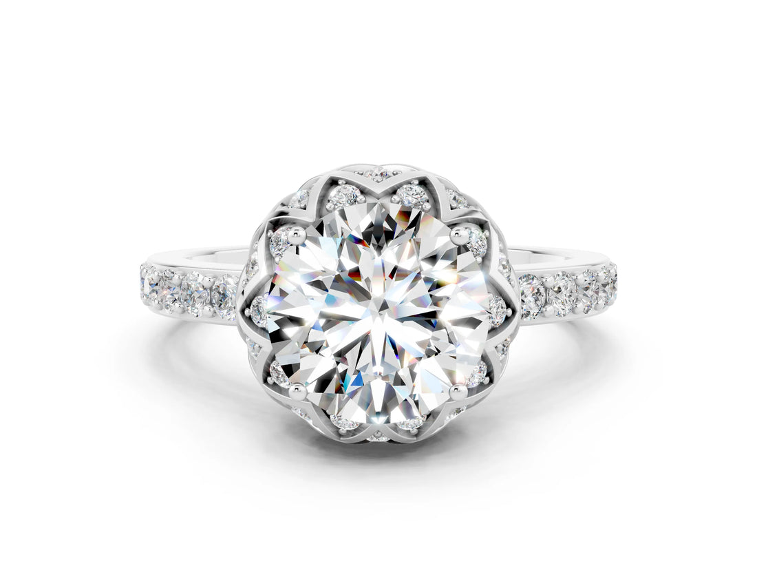 White gold Round Cut Moissanite Scalloped Halo Engagement Ring with Round Shared Prong Band_24