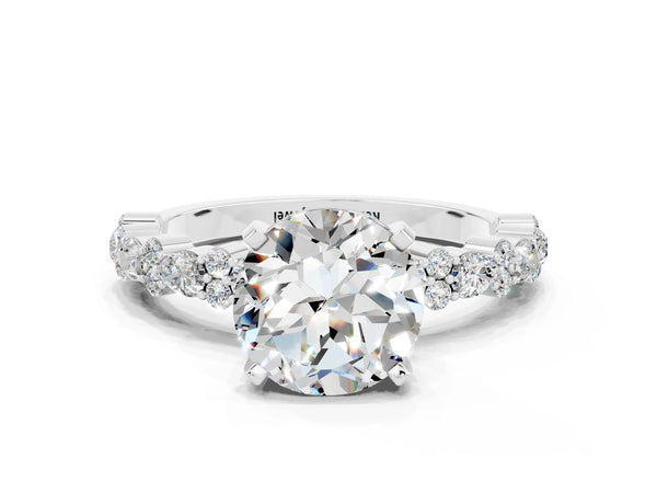 Platinum Round Cut Moissanite Side Stone Solitaire Ring with Round  and Four-Prong Setting