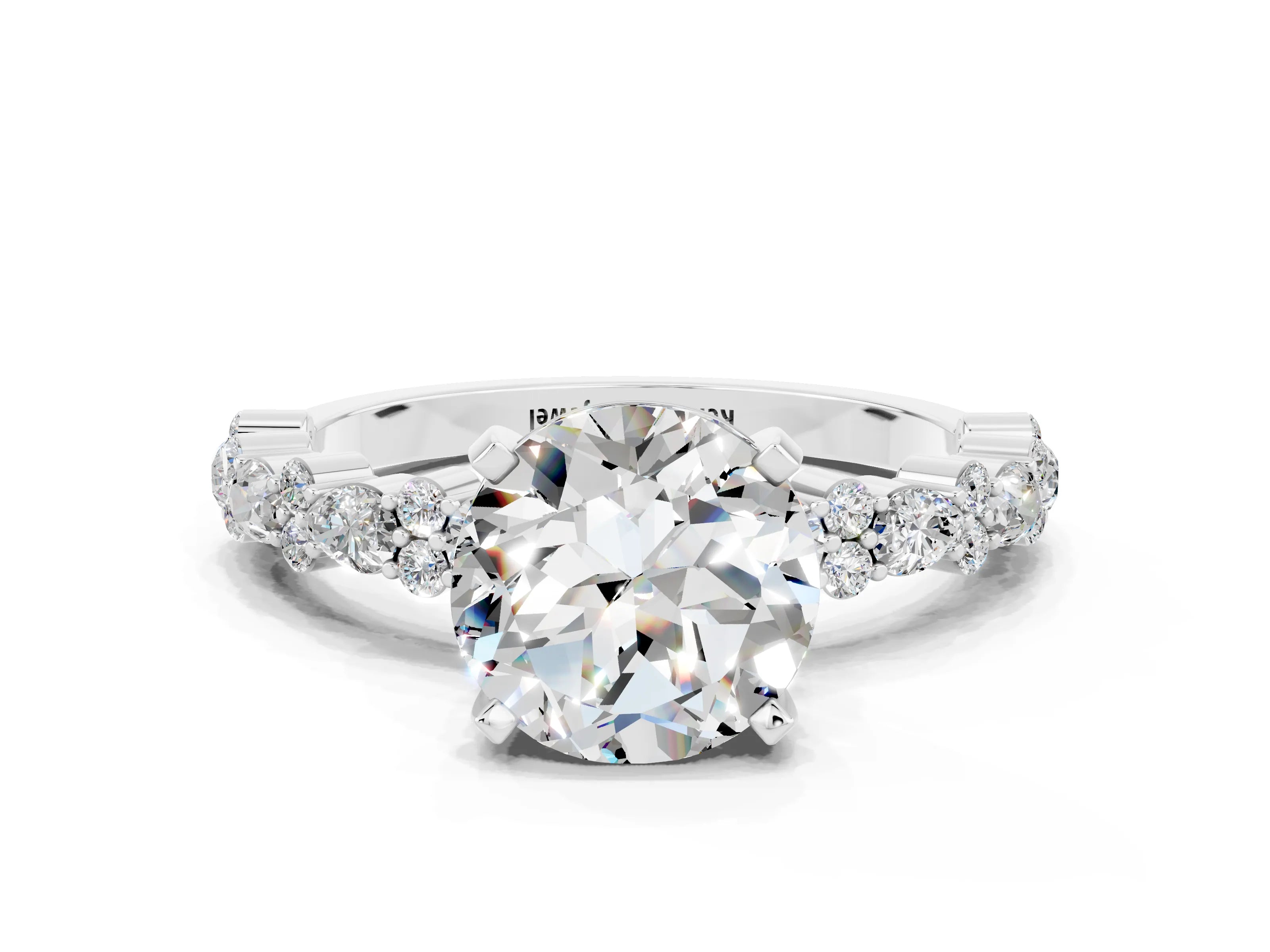 White gold Round Cut Moissanite Side Stone Solitaire Ring with Round  and Four-Prong Setting_48