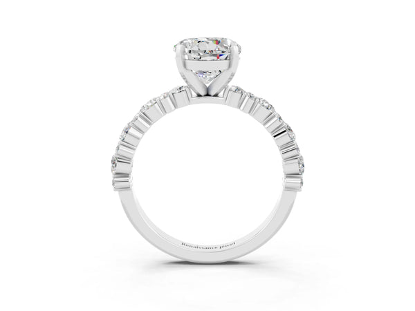 Platinum Round Cut Moissanite Side Stone Solitaire Ring with Round  and Four-Prong Setting