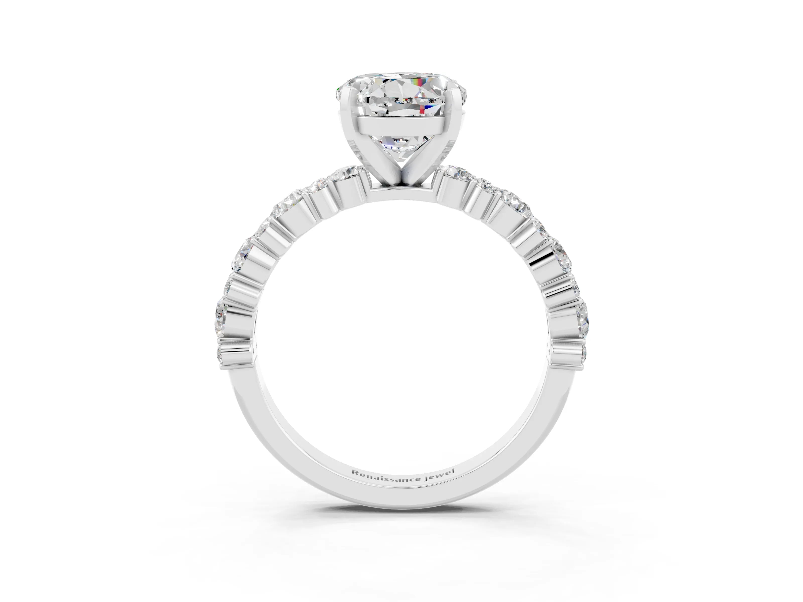 White gold Round Cut Moissanite Side Stone Solitaire Ring with Round  and Four-Prong Setting_51