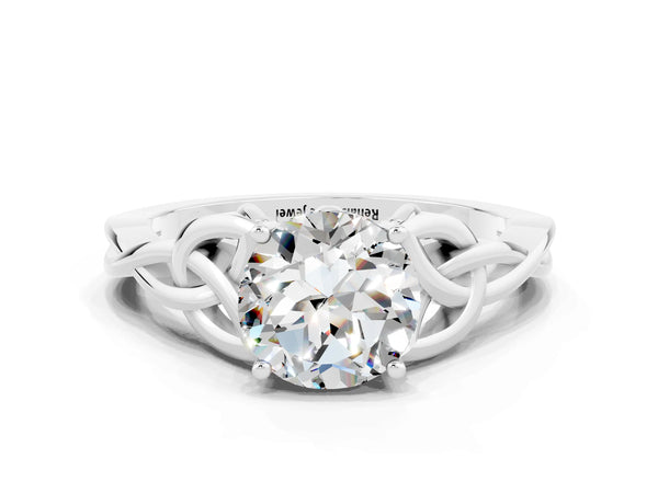 White gold Round Cut Moissanite Solitaire Celtic Knot Ring with Four-Prong Setting