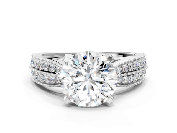 Platinum Round Cut Moissanite   Solitaire Diamond Ring with Milgrain Pavé Band and Four-Prong Setting