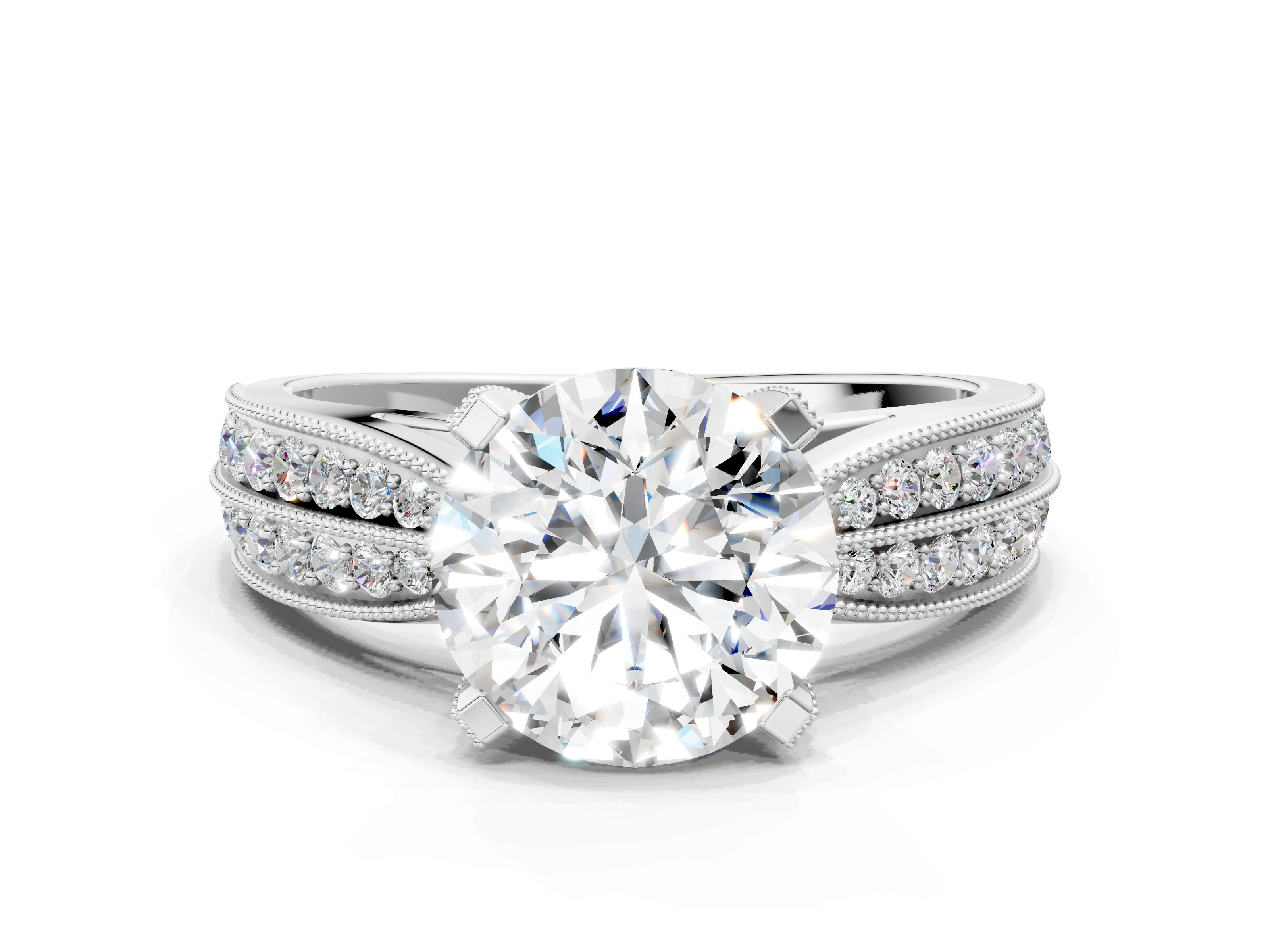 White gold Round Cut Moissanite   Solitaire Diamond Ring with Milgrain Pavé Band and Four-Prong Setting_34