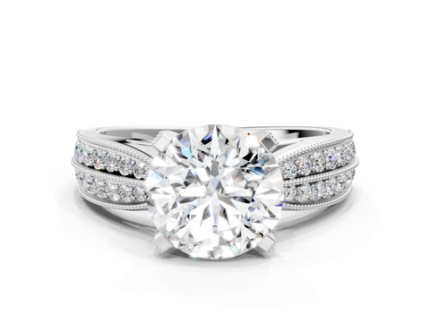 White gold Round Cut Moissanite   Solitaire Diamond Ring with Milgrain Pavé Band and Four-Prong Setting_34