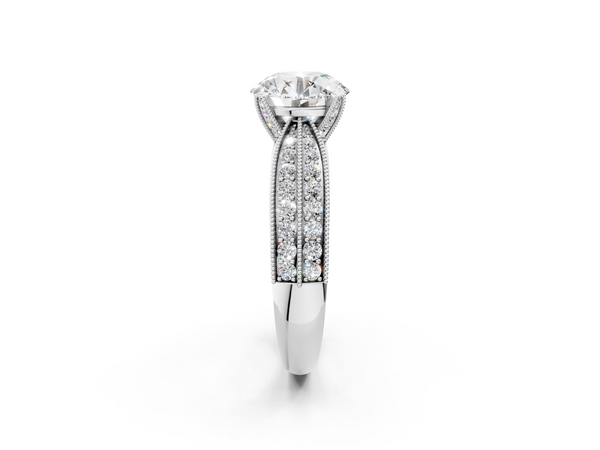Platinum Round Cut Moissanite   Solitaire Diamond Ring with Milgrain Pavé Band and Four-Prong Setting