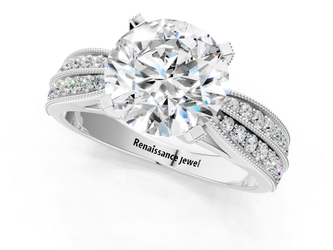 White gold Round Cut Moissanite   Solitaire Diamond Ring with Milgrain Pavé Band and Four-Prong Setting_35