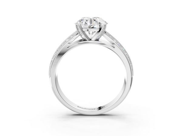 Platinum Round Cut Moissanite   Solitaire Diamond Ring with Milgrain Pavé Band and Four-Prong Setting