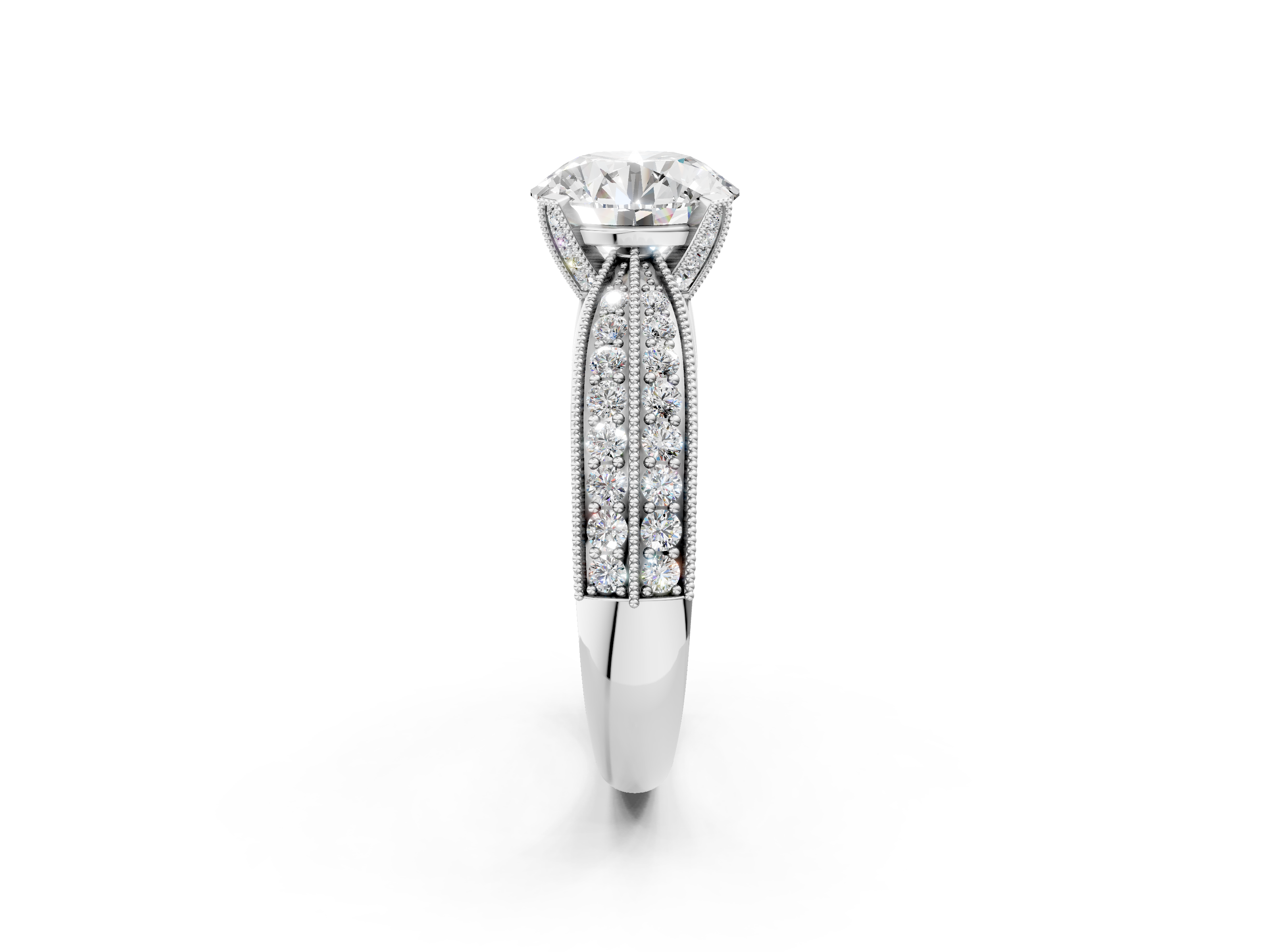 White gold Round Cut Moissanite   Solitaire Diamond Ring with Milgrain Pavé Band and Four-Prong Setting_36