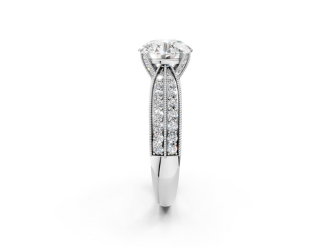White gold Round Cut Moissanite   Solitaire Diamond Ring with Milgrain Pavé Band and Four-Prong Setting_36