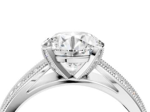 White gold Round Cut Moissanite   Solitaire Diamond Ring with Milgrain Pavé Band and Four-Prong Setting_37