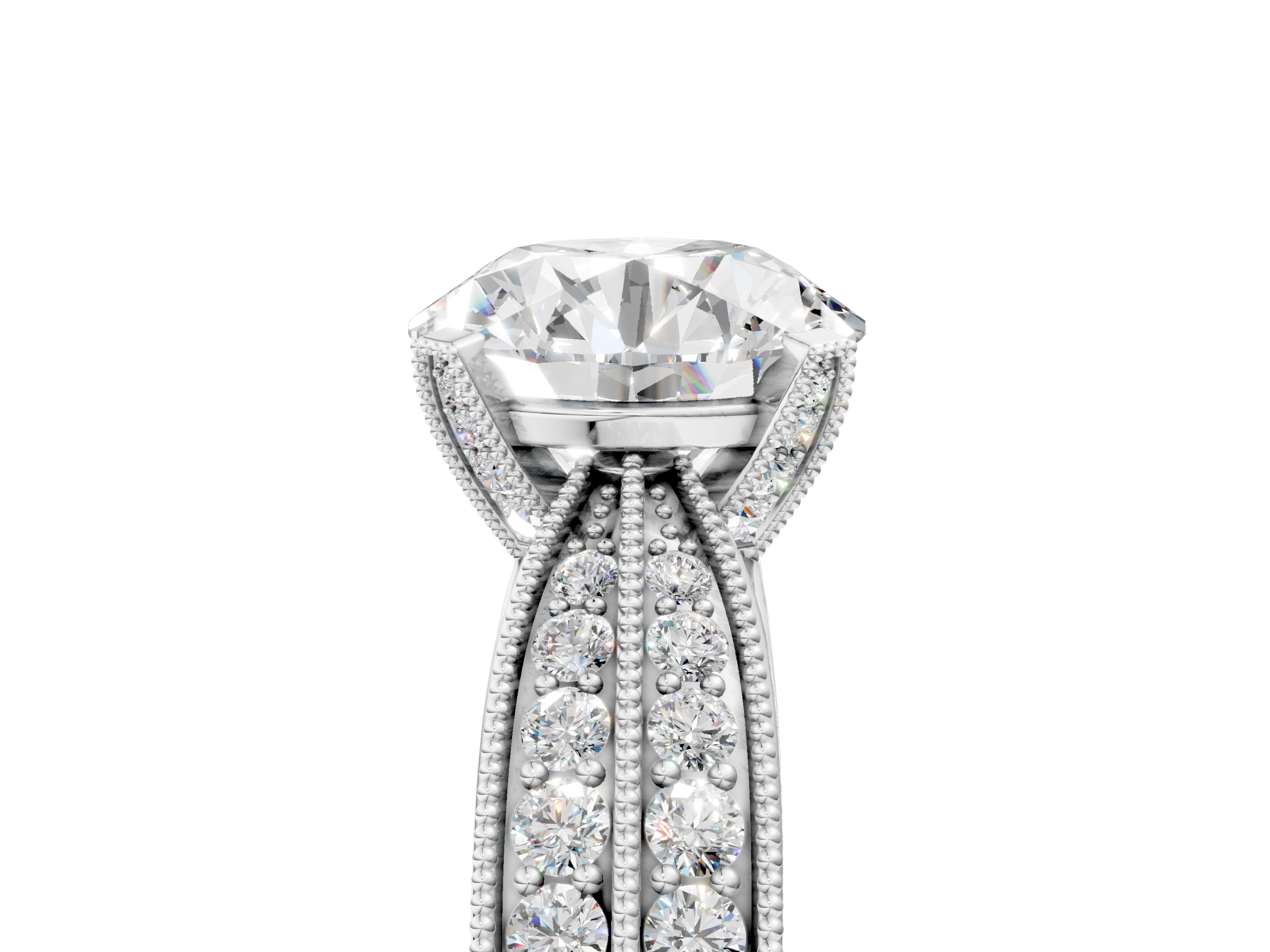 White gold Round Cut Moissanite   Solitaire Diamond Ring with Milgrain Pavé Band and Four-Prong Setting_38