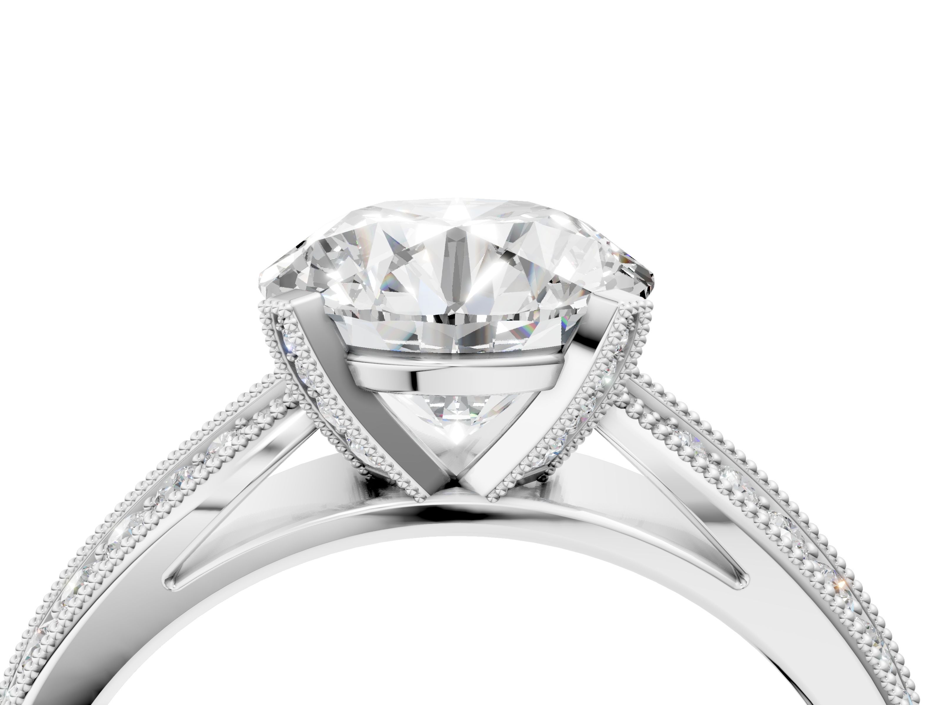 White gold Round Cut Moissanite   Solitaire Diamond Ring with Milgrain Pavé Band and Four-Prong Setting_38