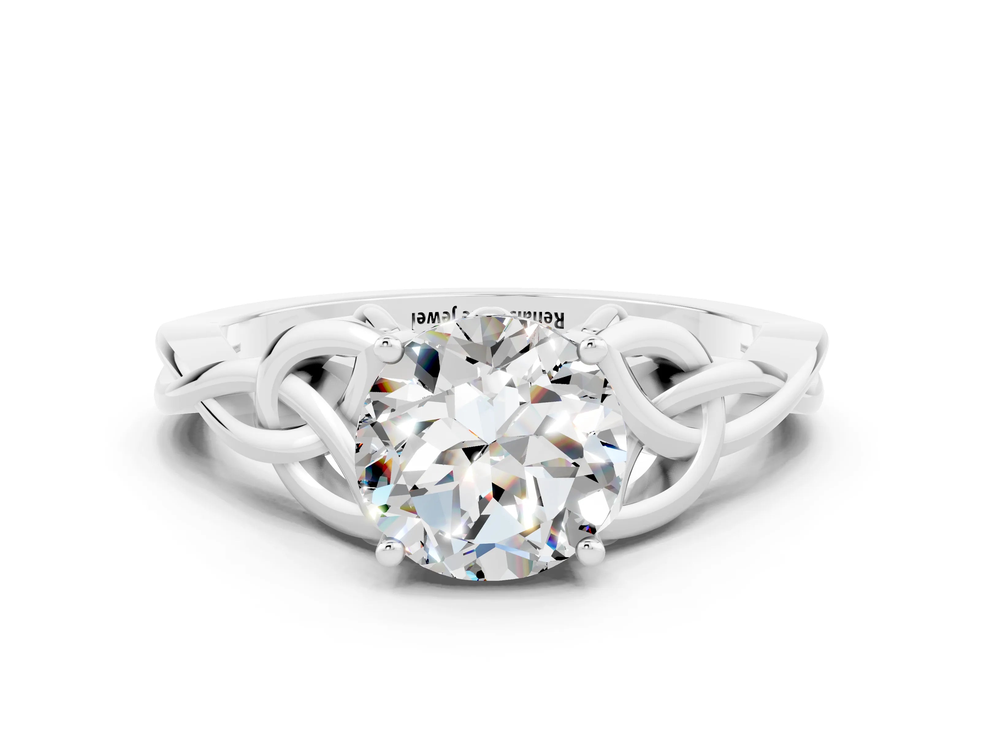 White gold Round Cut Moissanite Solitaire Engagement Ring with Celtic Knot Band and Four-Prong Setting