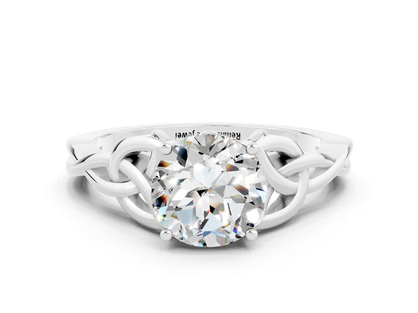 White gold Round Cut Moissanite Solitaire Engagement Ring with Celtic Knot Band and Four-Prong Setting