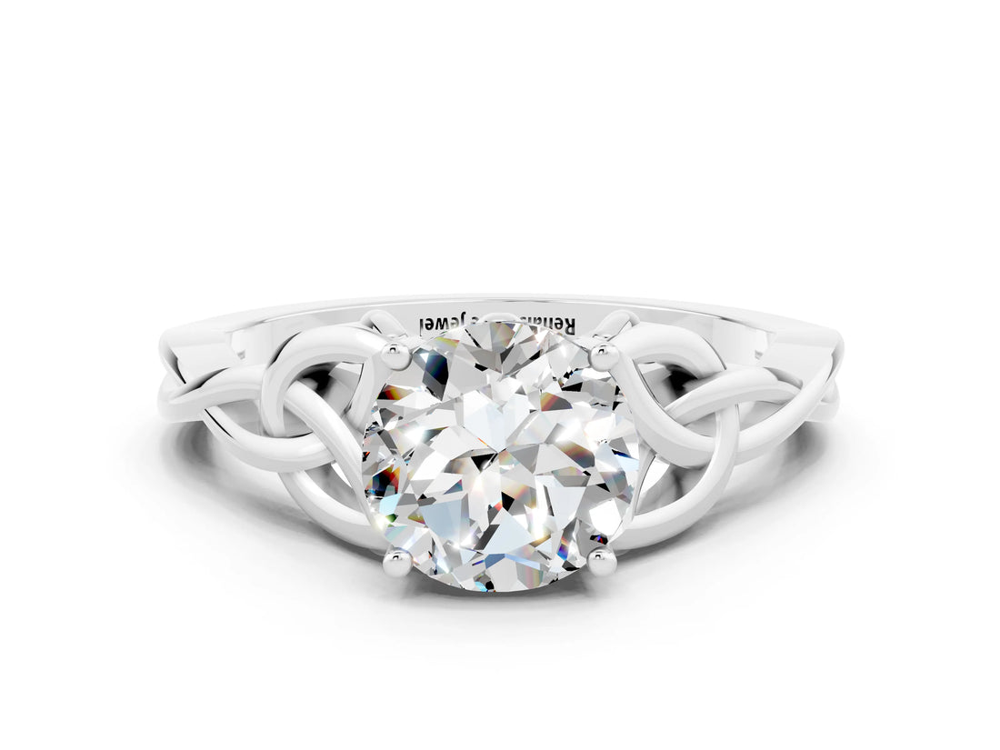 White gold Round Cut Moissanite Solitaire Engagement Ring with Celtic Knot Band and Four-Prong Setting
