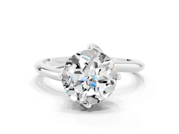 Silver Round Cut Moissanite Solitaire Engagement Ring with Four-Prong Setting and Classic Band