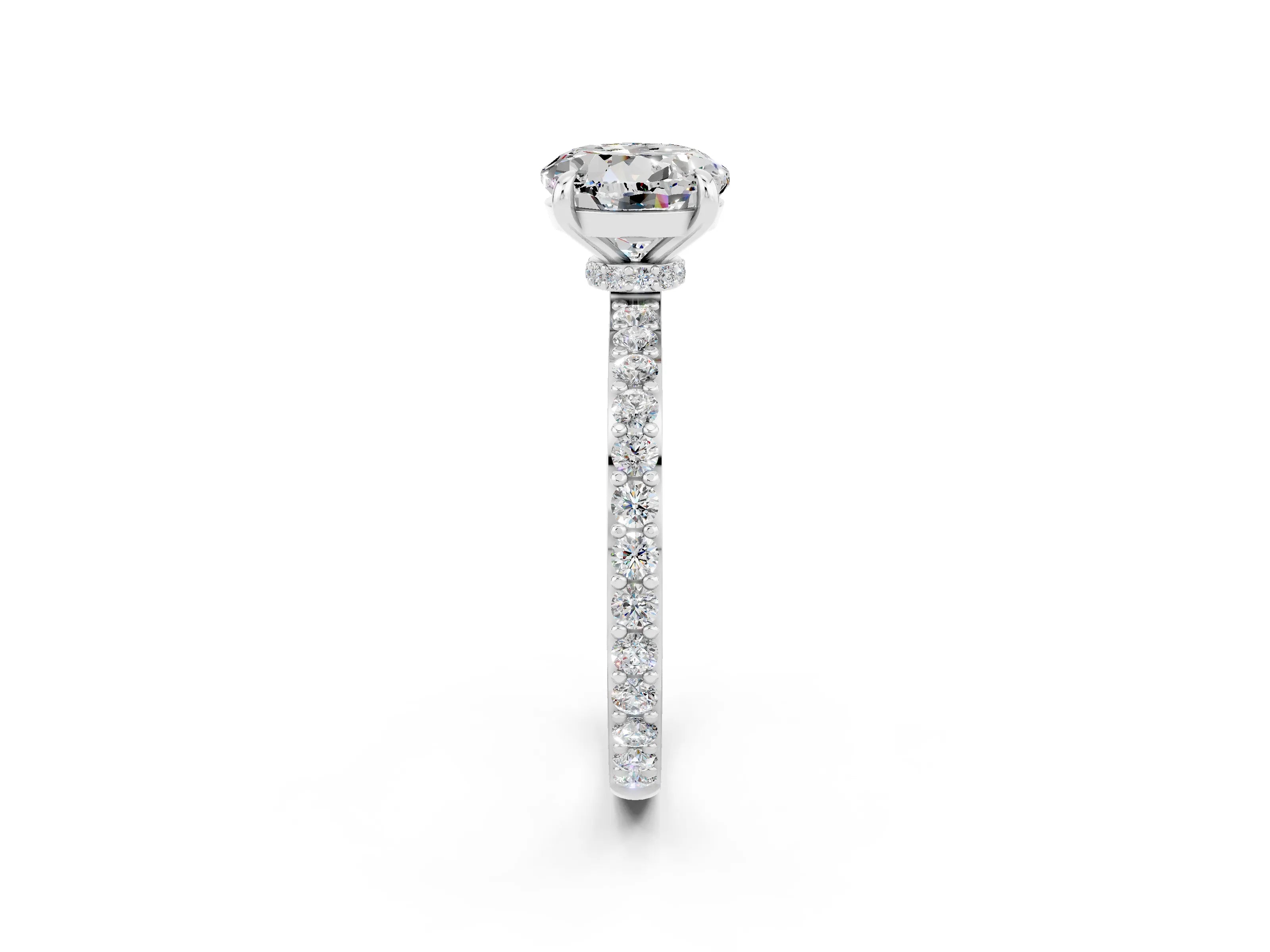 White gold Round Cut Moissanite Solitaire Engagement Ring with Pavé Band and Four-Prong Setting_2