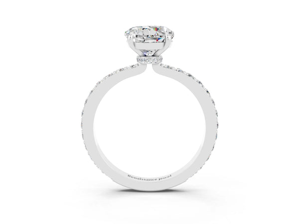 Platinum Round Cut Moissanite Solitaire Engagement Ring with Pavé Band and Four-Prong Setting